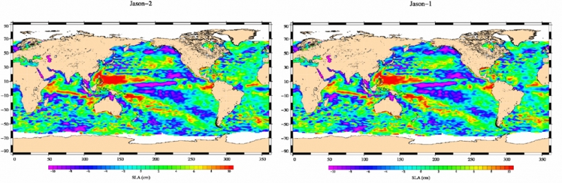 Jason-2 Sea Level Anomaly map (left) plotted from 2008-07-04 to 2008-07-14 data; right the same map plotted from Jason-1 equivalent data. Credits: CNES.