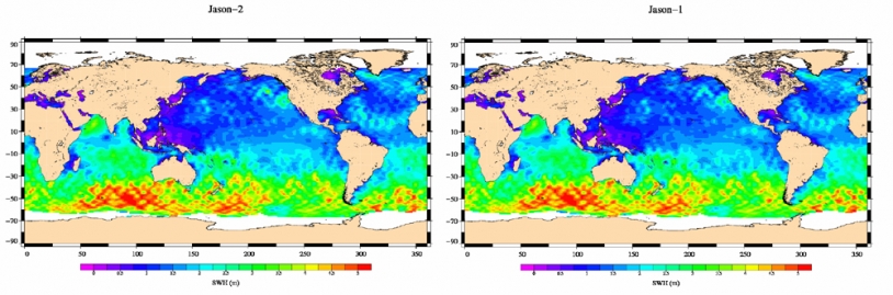 Jason-2 Significant Wave Height map (left) plotted from 2008-07-04 to 2008-07-14 data; right the same map plotted from Jason-1 equivalent data. Credits: CNES.