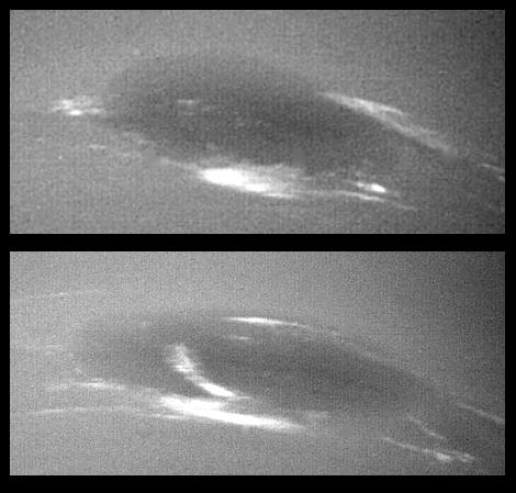 Evolution des nuages autour de la tache sombre de Neptune. Ces changements observés par Voyager 2 peuvent se produire en à peine quelques dizaines d&#039;heures alors que la tache est de dimension équivalente à la Terre. Crédits : NASA