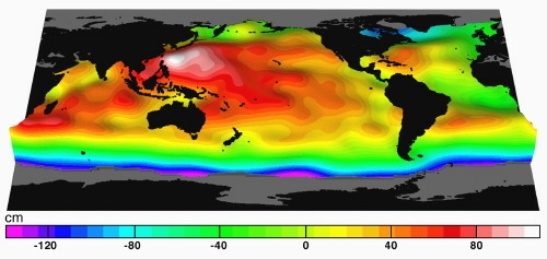 Topographie dynamique des océans vue par l&#039;altimétrie. Crédits : CNES